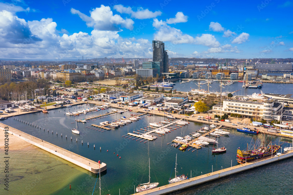 Fototapeta premium Aerial landscape of the marina at Baltic Sea in Gdynia, Poland.