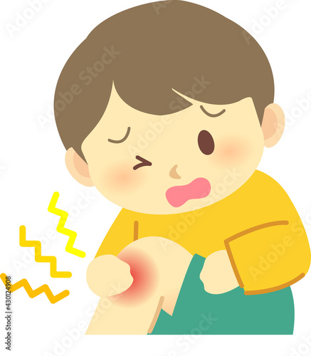イラスト素材:膝をケガして痛がる表情の男の子　打撲　痛い　人物　医療　
