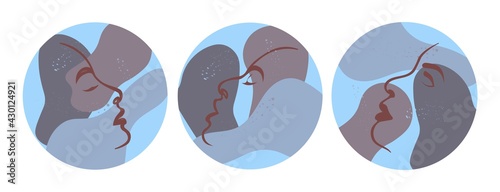 Set of round templates of social media icons. Drawn silhouettes of female faces on a background of abstract spots and dots of different sizes and shapes. 