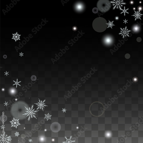Christmas  Vector Background with White Falling Snowflakes Isolated on Transparent Background. Realistic Snow Sparkle Pattern. Snowfall Overlay Print. Winter Sky. Design for Party Invitation.