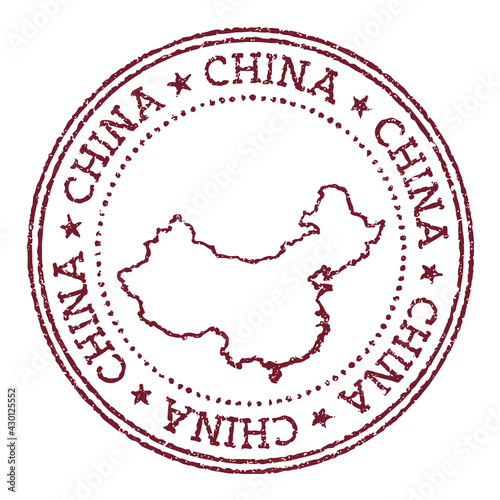China round rubber stamp with country map. Vintage red passport stamp with circular text and stars, vector illustration.