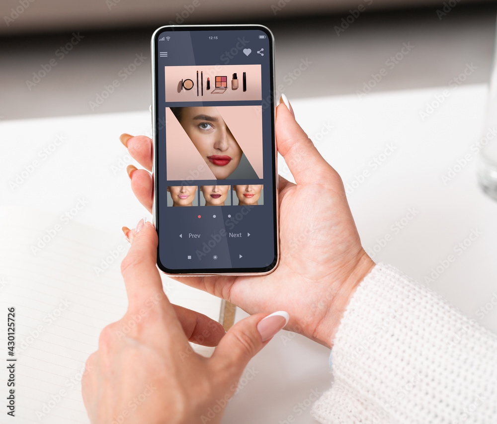Augmented Reality Beauty App. Woman Trying Different Lipstick Color Online