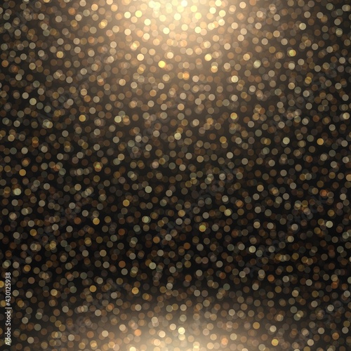 Black room illuminated 3d background full shimmer golden sequins. Festive simple empty textured template.