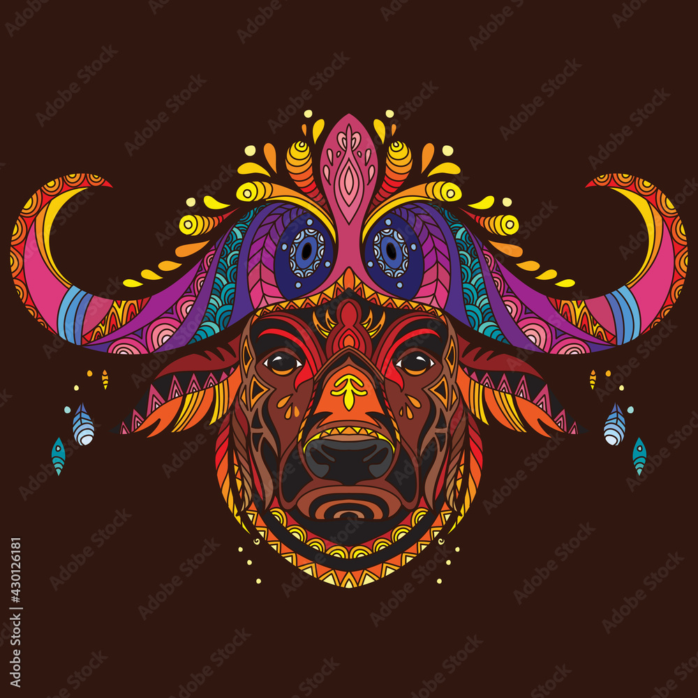 Tangle african buffalo vector colorful isolated illustration brown