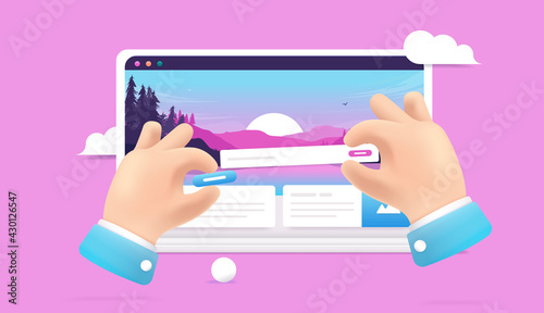 Web designer - Hands designing user website on laptop screen, moving UI elements around. Web design concept, 3d vector illustration.