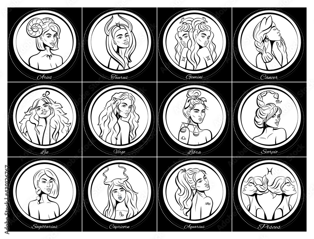 Zodiac signs, women, horoscope. Line art, ideal for poster, print, postcard, colouring book.