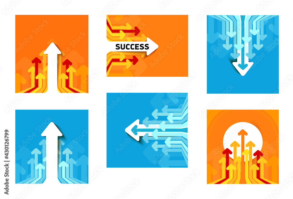 Big Collection abstract background with white paper Arrows on orange or blue backdrop. Big Collection abstract background with white paper Arrows on orange or blue backdrop.