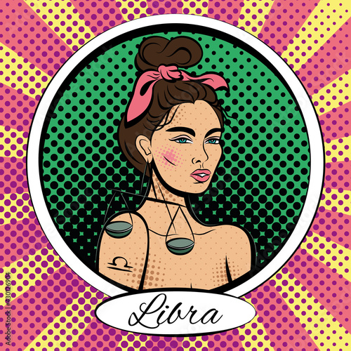 Zodiac sign Libra woman. Pop art illustration. Line art, ideal for poster, print, postcard, colouring book.