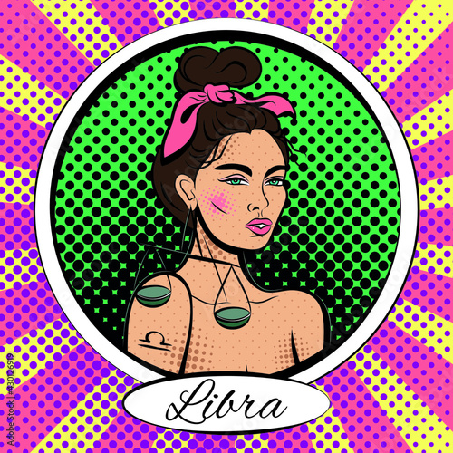 Zodiac sign Libra woman. Pop art vector illustration. Line art, ideal for poster, print, postcard, colouring book.