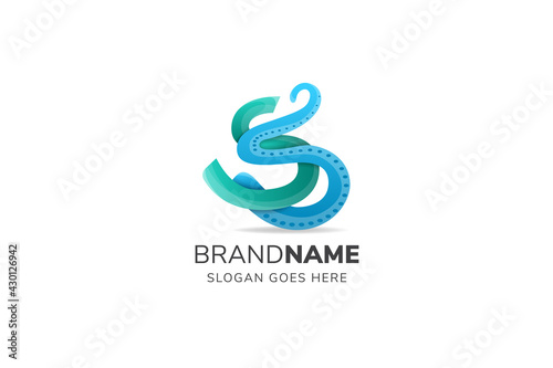 Letter S Logo Design with Tentacle Element. Combination blue and green gradient colors. isolated on horizontal layout white background