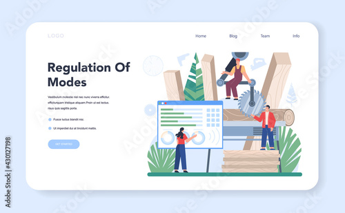 Wood industry web banner or landing page. Woodworking line operator
