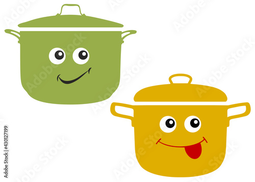 Cartoon pot green and yellow in the set. Vector image.