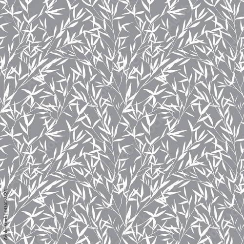 Seamless pattern with white bamboo leaves on a gray background. Watercolor