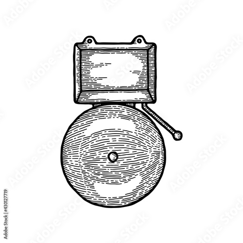 Monochrome ringing alarm fire alarm system signal device isolated on white, vintage vector illustration. Prevention, emergency, warning signaling. Firefighter equipment signalization