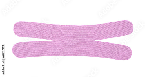 Violet kinesio tape piece on white background, top view