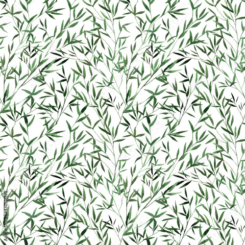 Fototapeta Naklejka Na Ścianę i Meble -  Seamless pattern with green bamboo leaves on a white background. Watercolor