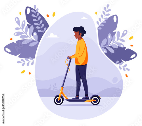 Black man riding electric kick scooter. Modern Eco transport. Vector illustration