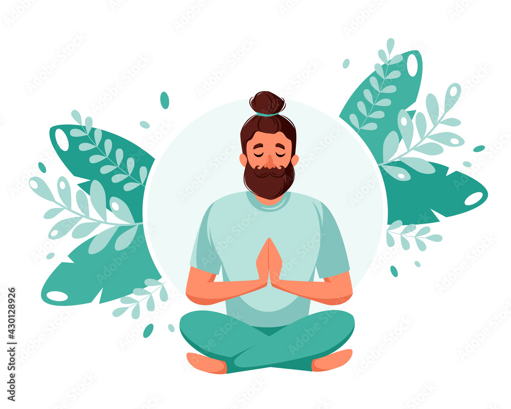 Man meditating in lotus pose. Healthy lifestyle, yoga, meditation, recreation concept. Vector illustration Man meditating in lotus pose. Healthy lifestyle, yoga, meditation, recreation concept. Vector illustration