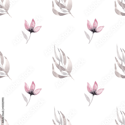 Delicate watercolor botanical pattern with pink flowers and leaves in gray tones on a white background, pattern for fabric, clothing, paper products, etc.