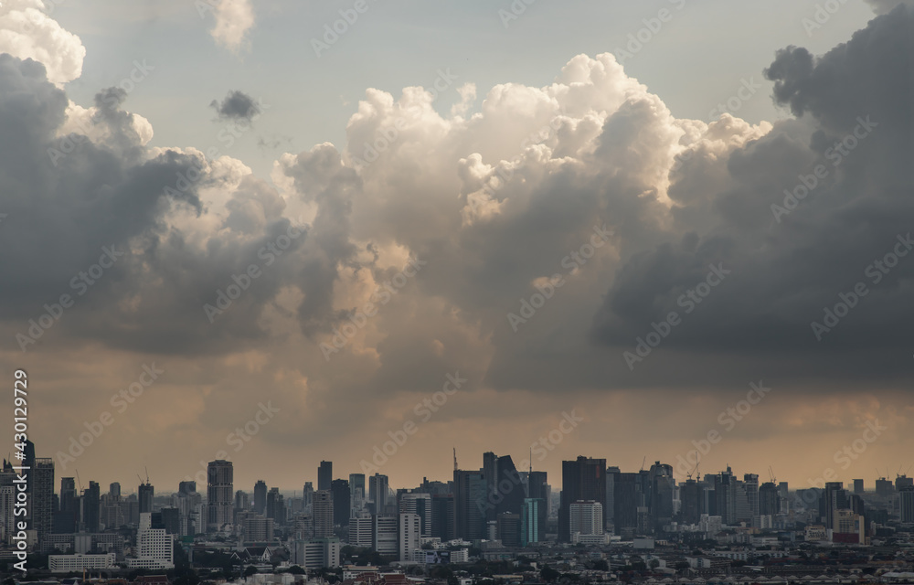 Bangkok, Thailand - Apr 16, 2021 : Beautiful sky and cloud view of Bangkok with skyscrapers in the business district in the afternoon. Selective focus.