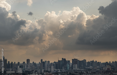 Bangkok  Thailand - Apr 16  2021   Beautiful sky and cloud view of Bangkok with skyscrapers in the business district in the afternoon. Selective focus.