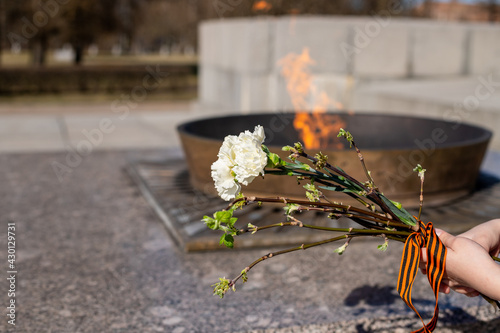 Enternal flame in russia. Symbols of memory and respect of the victory of Soviet soldiers in the Second World War and the Russian military in armed conflicts. Victory Day.