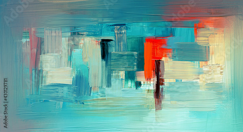 Breed handbeschilderd kunstwerk. Moderne kunst gemaakt met groenblauw, oranje kleuren verf uitstrijkjes en ruwe penseelstreken voor grote wandtapijten, bed decor, abstract schilderij op canvas