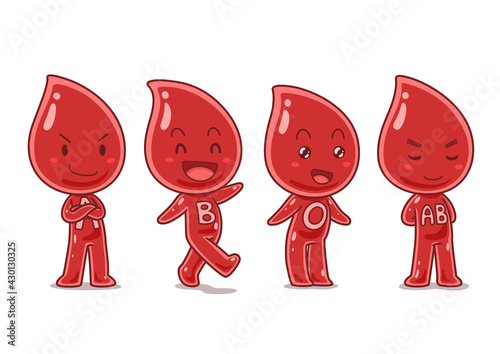 Set of blood types cartoon character in different poses.