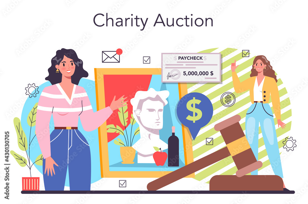 Charity auction concept. People or volunteer sell stuff to help other people