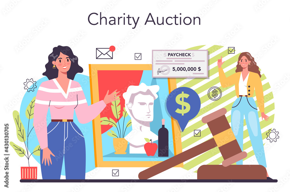 Charity auction concept. People or volunteer sell stuff to help other people Charity auction concept. People or volunteer sell stuff to help other people