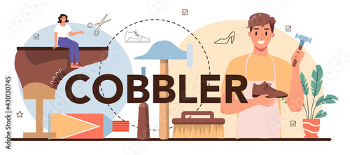 Cobbler typographic header. Craftsman wearing an apron mending shoe