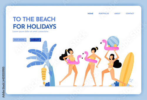 travel website with the theme of to the beach for holiday. women wearing sexy beach bikini and enjoy to swim. Vector design can be used for poster, banner, ads, website, web, mobile, marketing, flyer