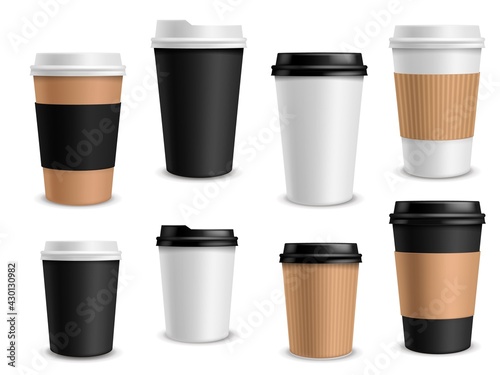 Coffee cups paper. Takeaway realistic cups white, black and brown container for latte espresso or cappuccino drinks, morning aroma beverage in blank package and empty labels vector mockup set