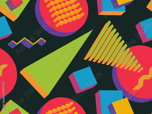 Geometric seamless pattern in memphis style with 3d geometric shapes. Isometric geometry in the style of the 80s for promotional products, wrapping paper and printing. Vector illustration