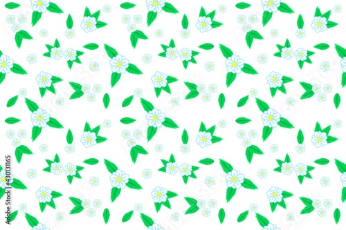 Pattern of flowers and leaves of light shades of blue and green on a white background for textiles and paper