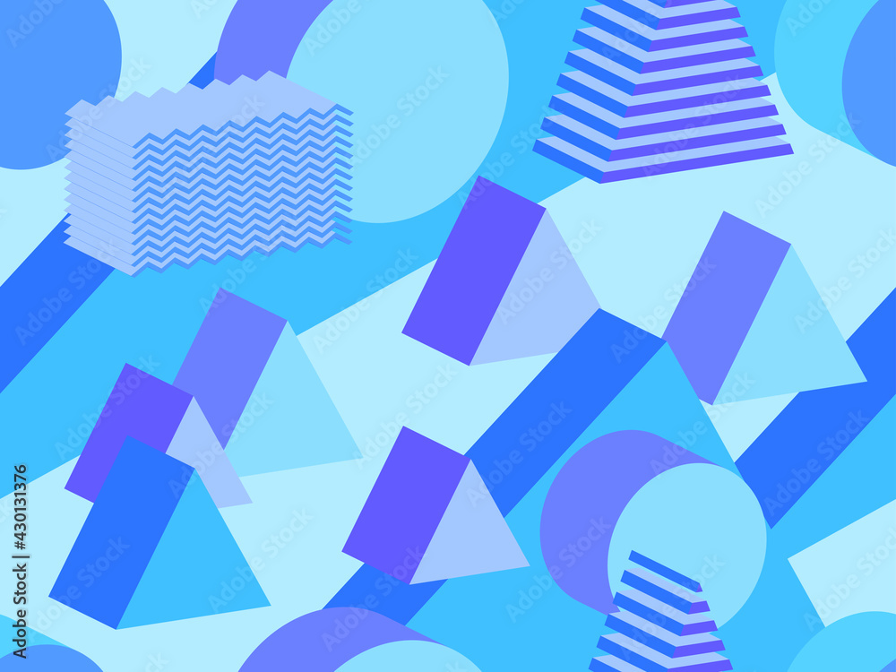 Geometric seamless pattern in memphis style with 3d geometric shapes. Isometric geometry in the style of the 80s for promotional products, wrapping paper and printing. Vector illustration Geometric seamless pattern in memphis style with 3d geometric shapes. Isometric geometry in the style of the 80s for promotional products, wrapping paper and printing. Vector illustration