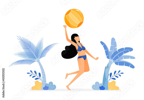 holiday illustrations of women in sexy swimsuits jump smash hit a volleyball in beachside . stress relieve beach sport. design concept can be for poster, banners, ads, websites, web, mobile, marketing