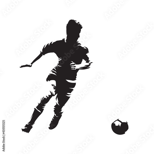 Soccer player running with ball, isolated vector silhouette. Abstract soccer logo. Front view