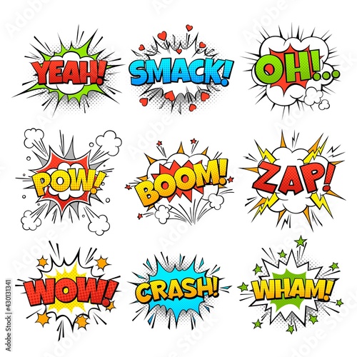 Funny comic words in speech bubble frames. Wow oh bang and zap thinking clouds. Balloons of expression. Retro cartoon colorful communication sound effect halftone dot background vector set photo