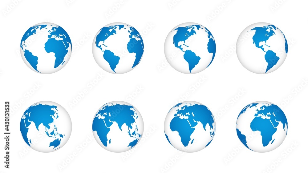 Globe earth 3d. World map realistic globes, blue continents and white oceans. Planet with cartography texture various angle view, geography isolated element vector travel or communication set