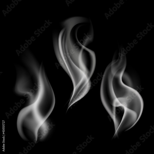 Texture steam. Fog or smog flames, realistic evaporation and burning traces, igarette or hookah vapor, abstract symbol of tea and coffee hot cup. Vector isolated illustration