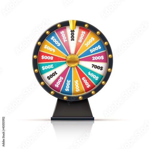 Wheel fortune. Lucky game casino prize spinning roulette, win jackpot money lottery circle with colored sections and arrow. Random gifts chance winning. Vector gambling isolated illustration