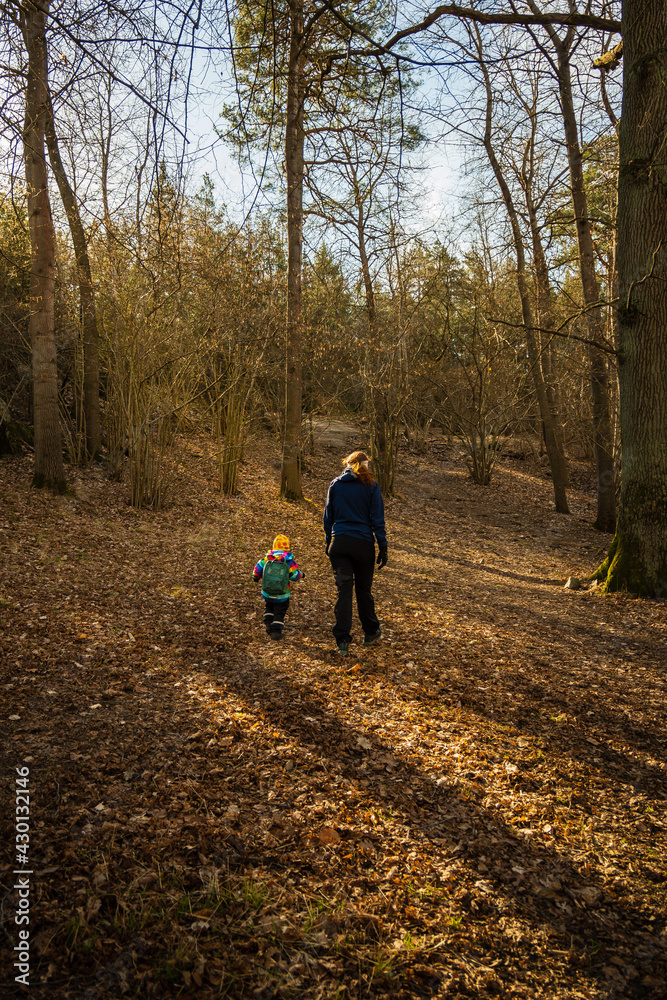 mother and son out walking in the woods mother and son out walking in the woods
