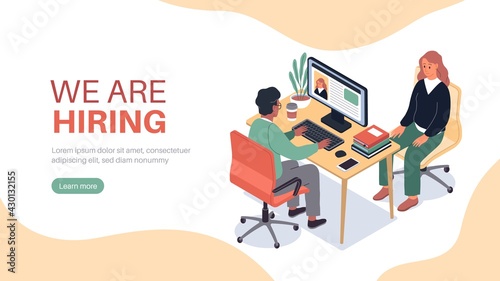Isometric hr employer interview. Job finding, professional in applicants office, hiring recruitment, man talks woman, recruiter search staff. Lending page template. Vector concept
