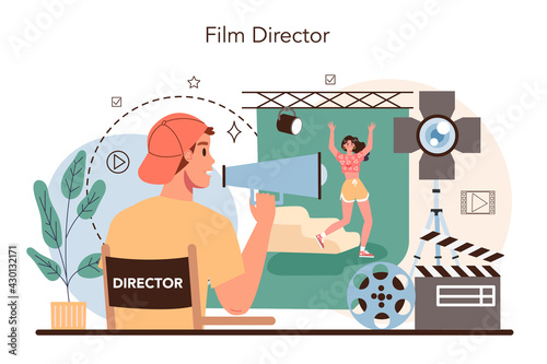Film director concept. Movie director leading a filming process.