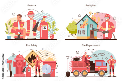 Firefighter concept set. Professional fire brigade fighting with flame. © inspiring.team