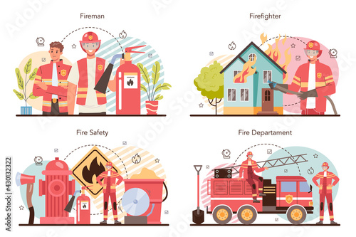 Firefighter concept set. Professional fire brigade fighting with flame.