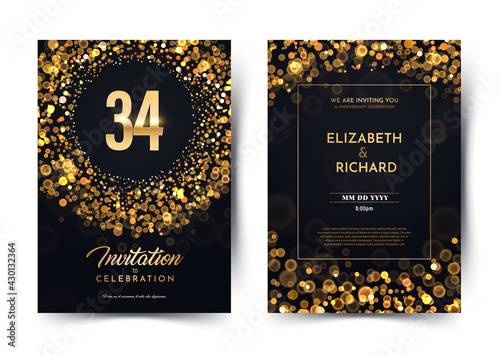 34th years birthday vector black paper luxury invitation double card. Thirty four years wedding anniversary celebration brochure. Template of invitational for print dark background with bokeh lights. photo