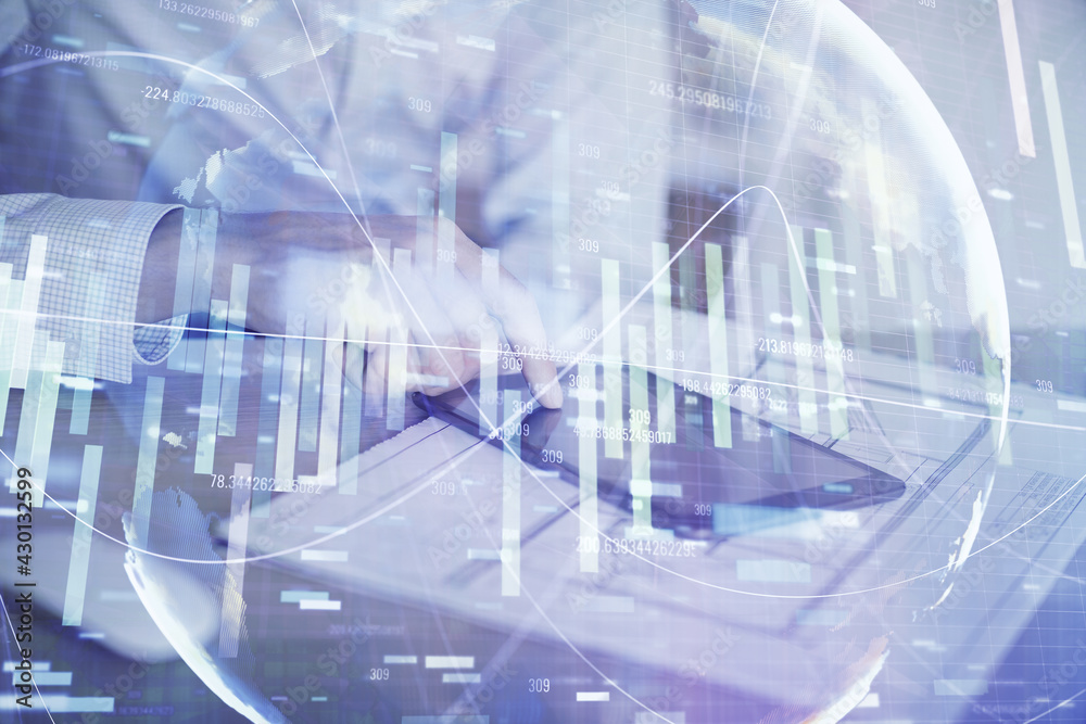 Double exposure of man's hands holding and using a phone and international business theme drawing. Double exposure of man's hands holding and using a phone and international business theme drawing.