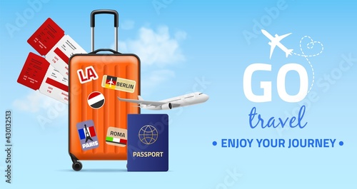 Travel banner. Realistic plastic luggage bag on wheels, two tickets, foreign passport and plane on blue sky, journey and holiday trip poster, flights around world. Vector realistic concept
